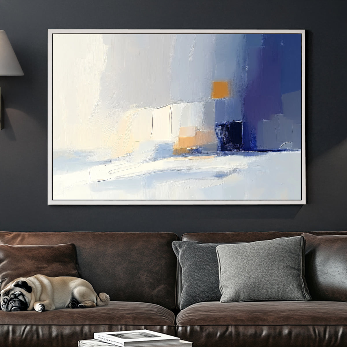 Minimalist abstract wall art with soft blues and warm gold accents.
