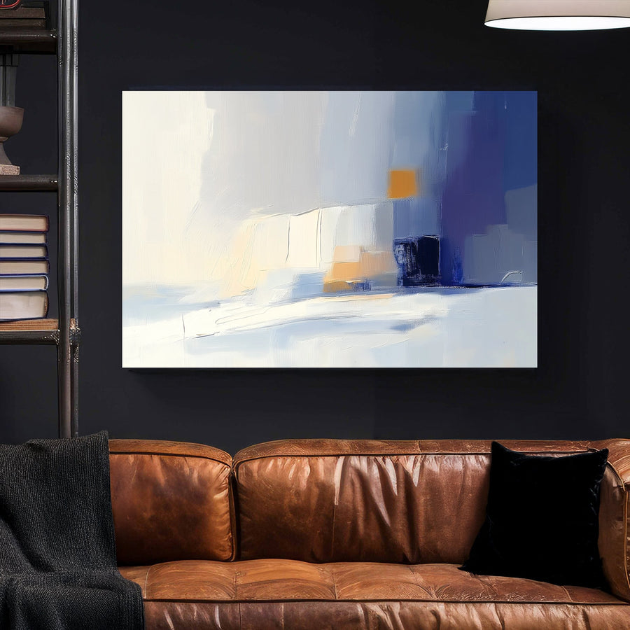 Minimalist abstract wall art with soft blues and warm gold accents.