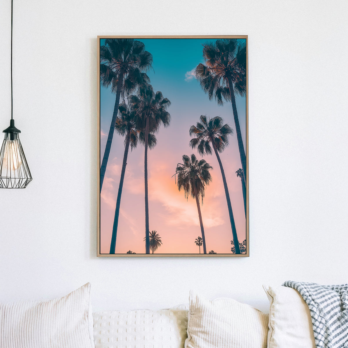 Tropical palm trees at sunset wall art with pastel sky.