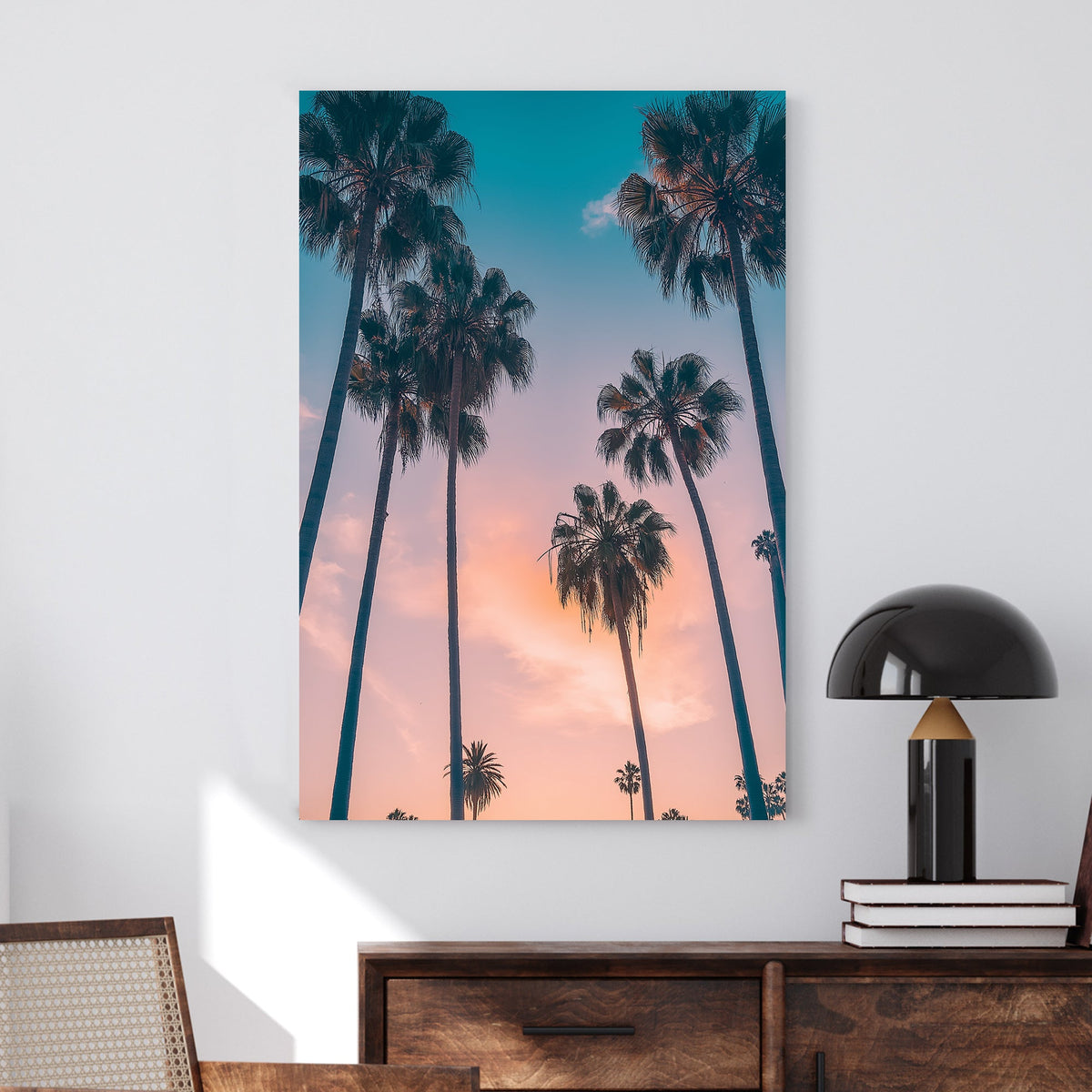Tropical palm trees at sunset wall art with pastel sky.