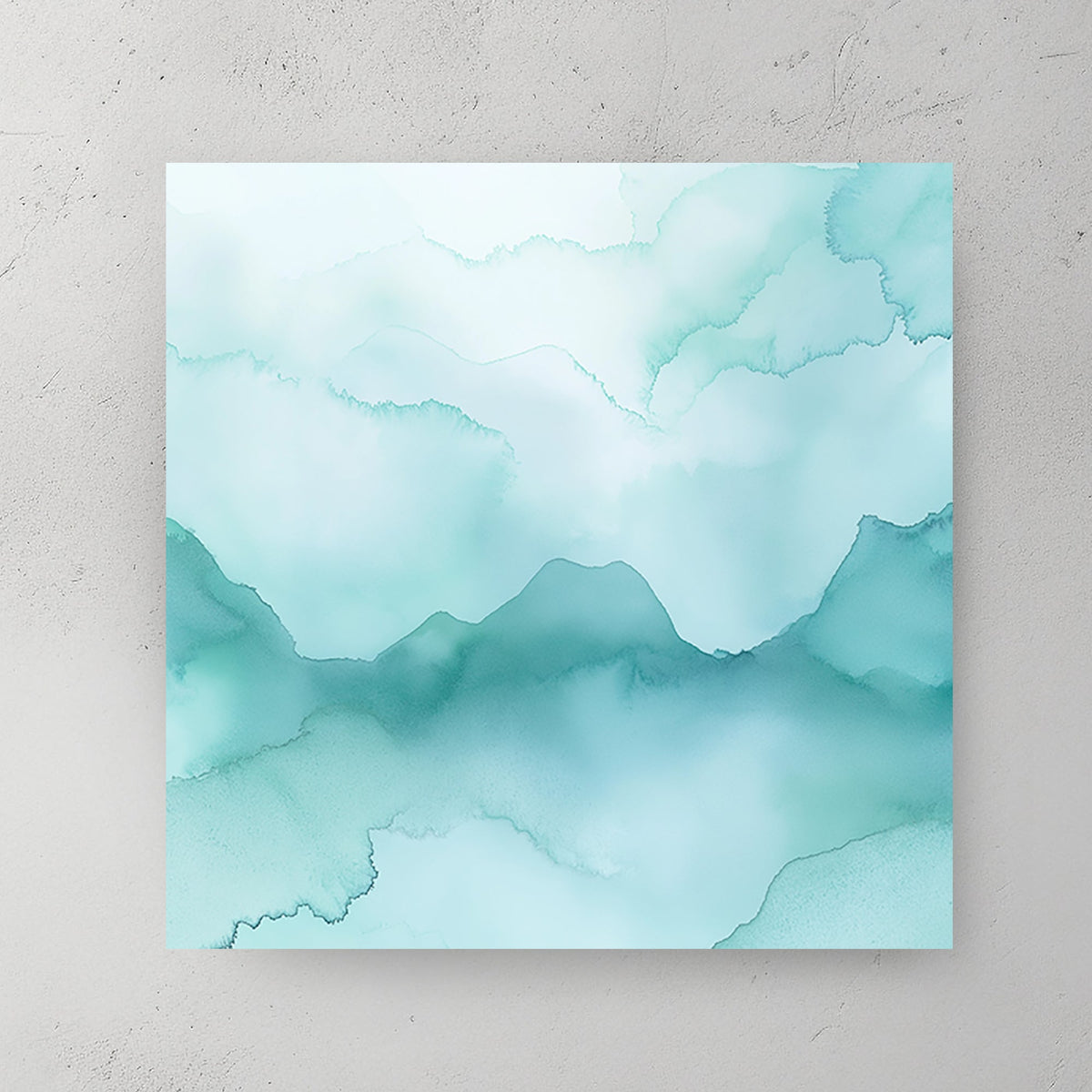 Soft blue watercolour mountain landscape wall art with misty tones.