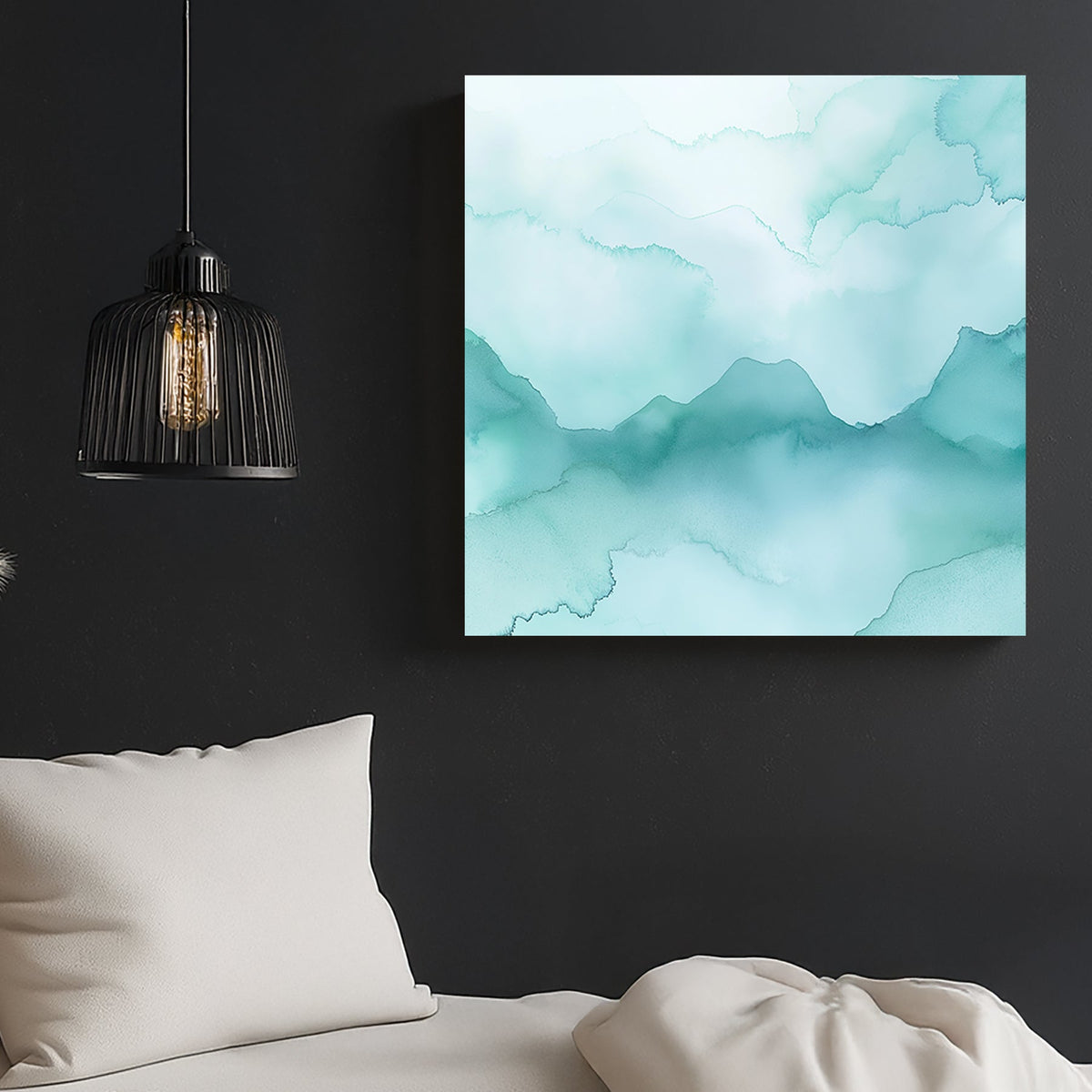 Soft blue watercolour mountain landscape wall art with misty tones.