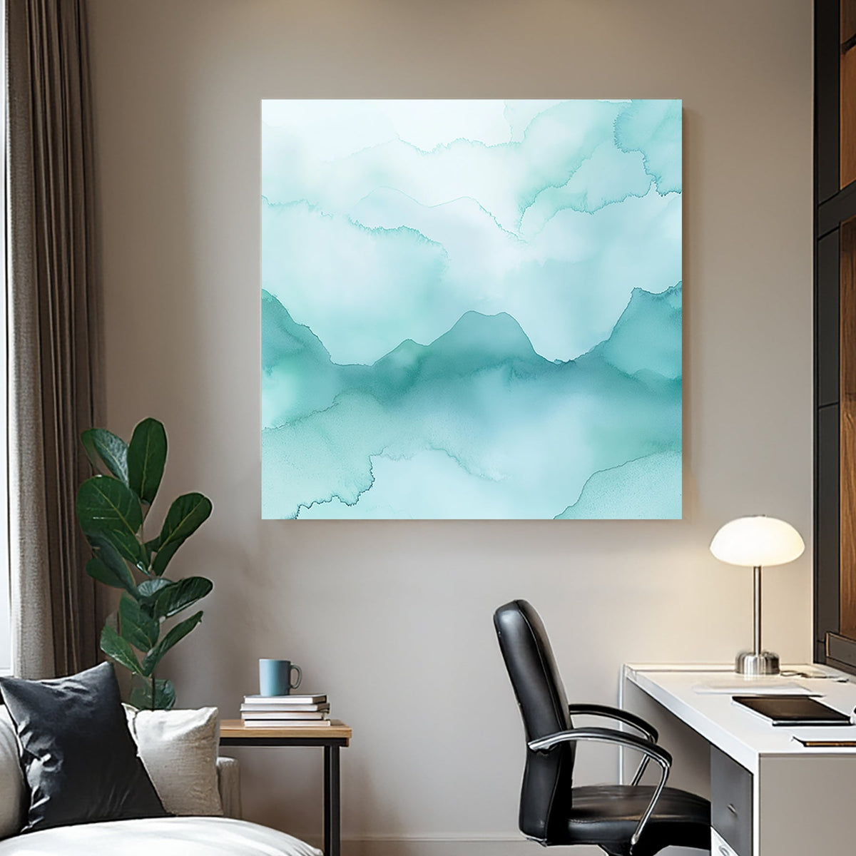 Soft blue watercolour mountain landscape wall art with misty tones.