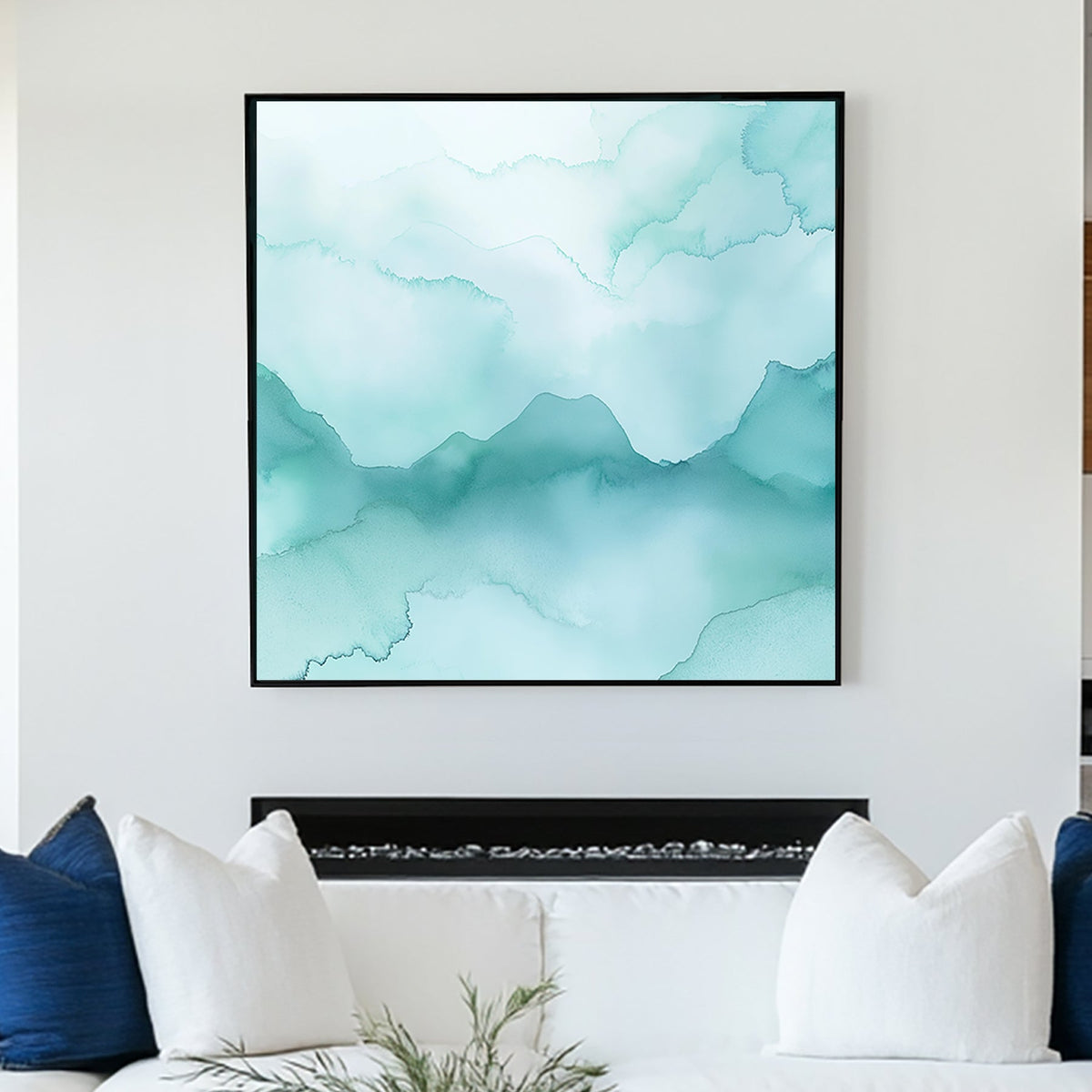 Soft blue watercolour mountain landscape wall art with misty tones.