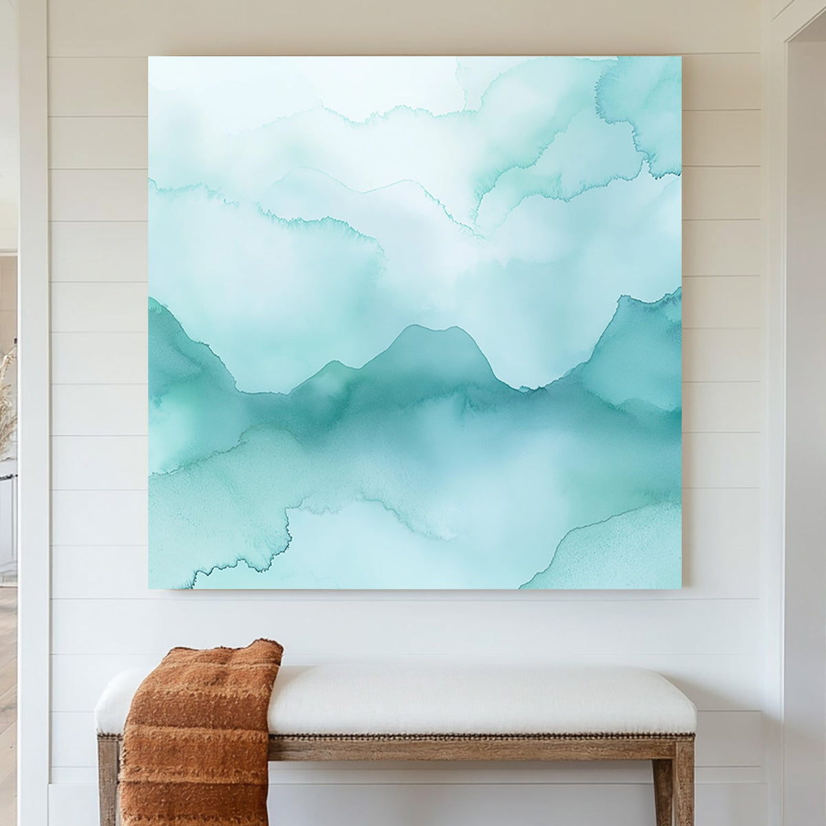 Soft blue watercolour mountain landscape wall art with misty tones.