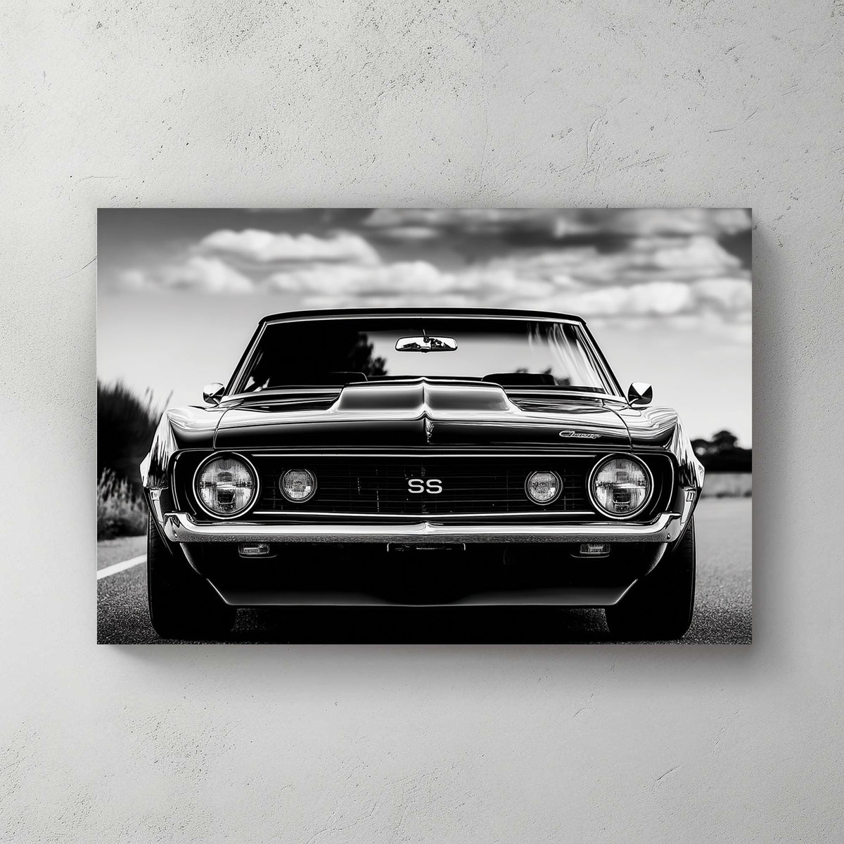 Black and white Chevelle muscle car front view wall art with SS emblem.