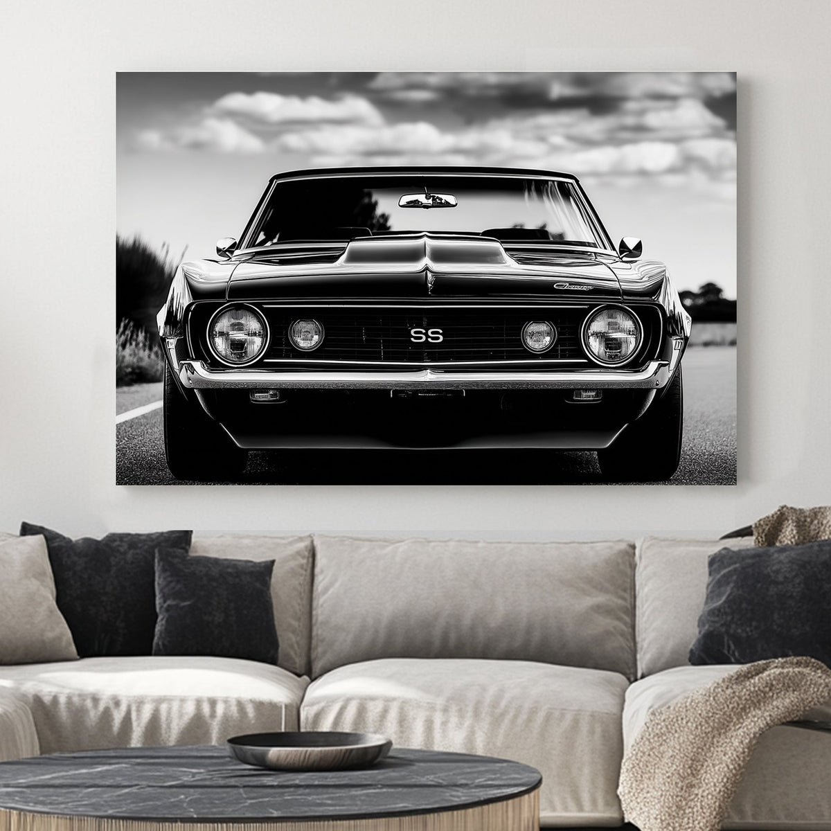 Black and white Chevelle muscle car front view wall art with SS emblem.