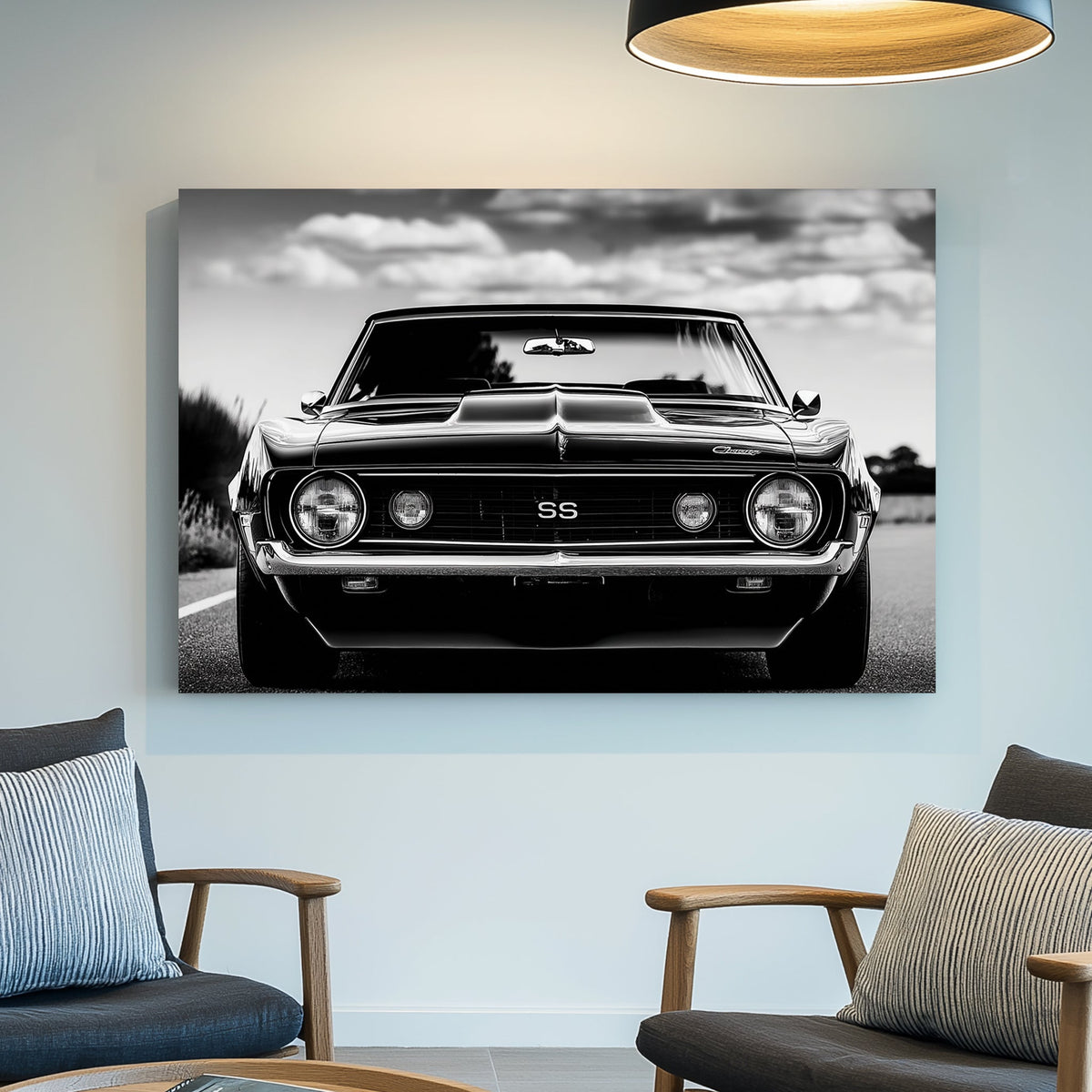 Black and white Chevelle muscle car front view wall art with SS emblem.