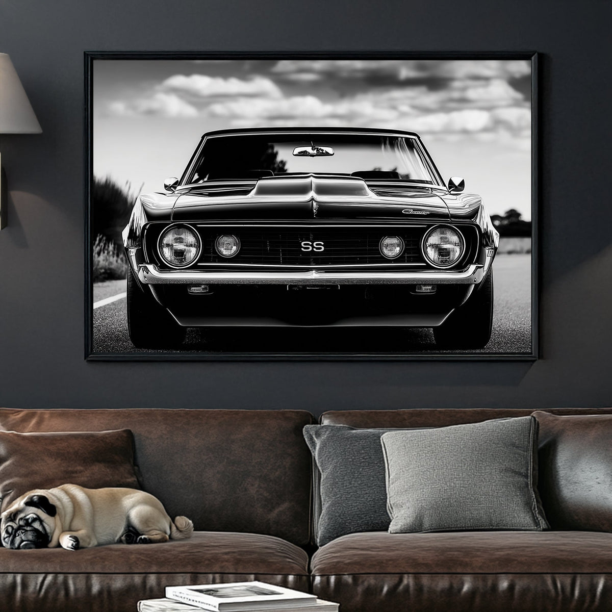 Black and white Chevelle muscle car front view wall art with SS emblem.