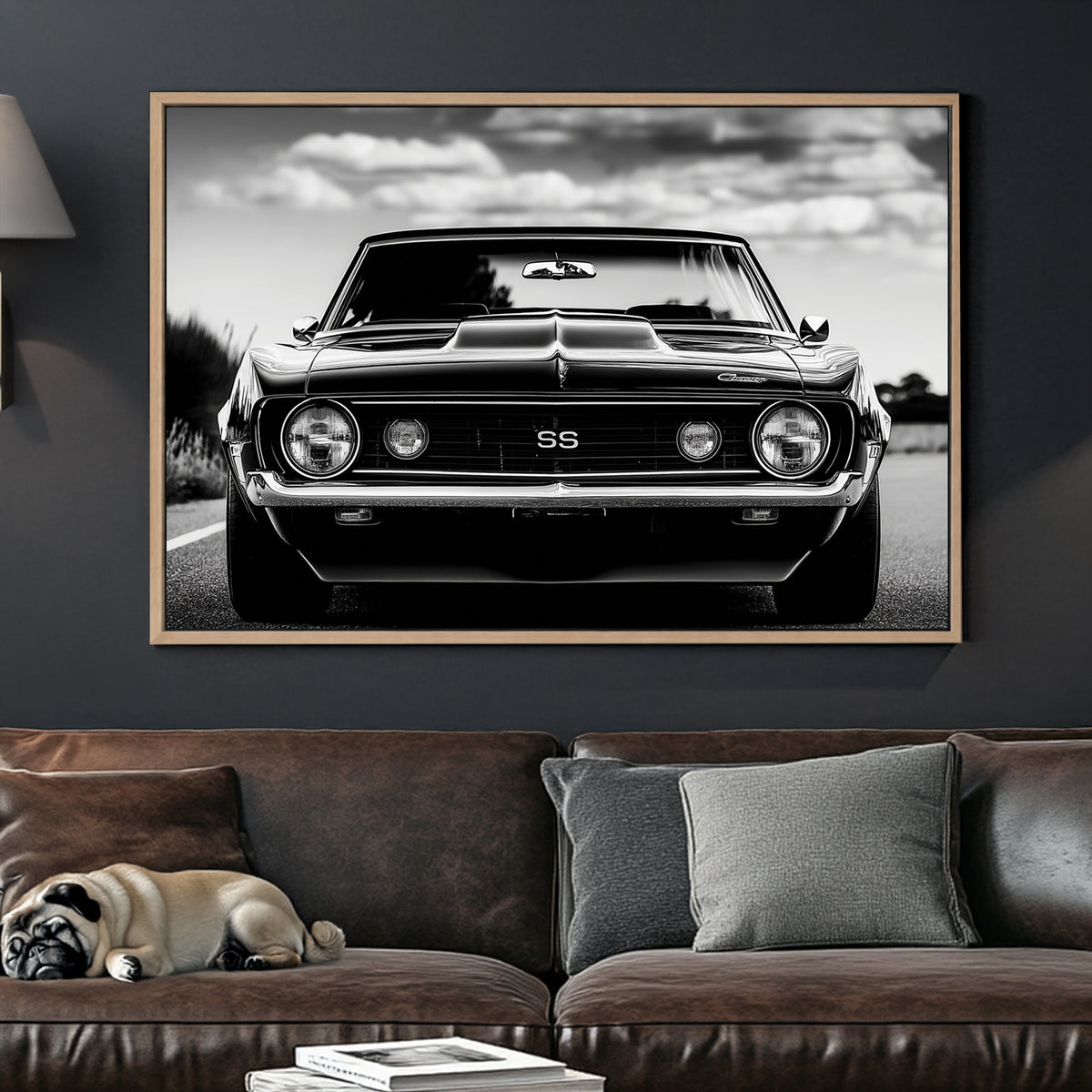 Black and white Chevelle muscle car front view wall art with SS emblem.