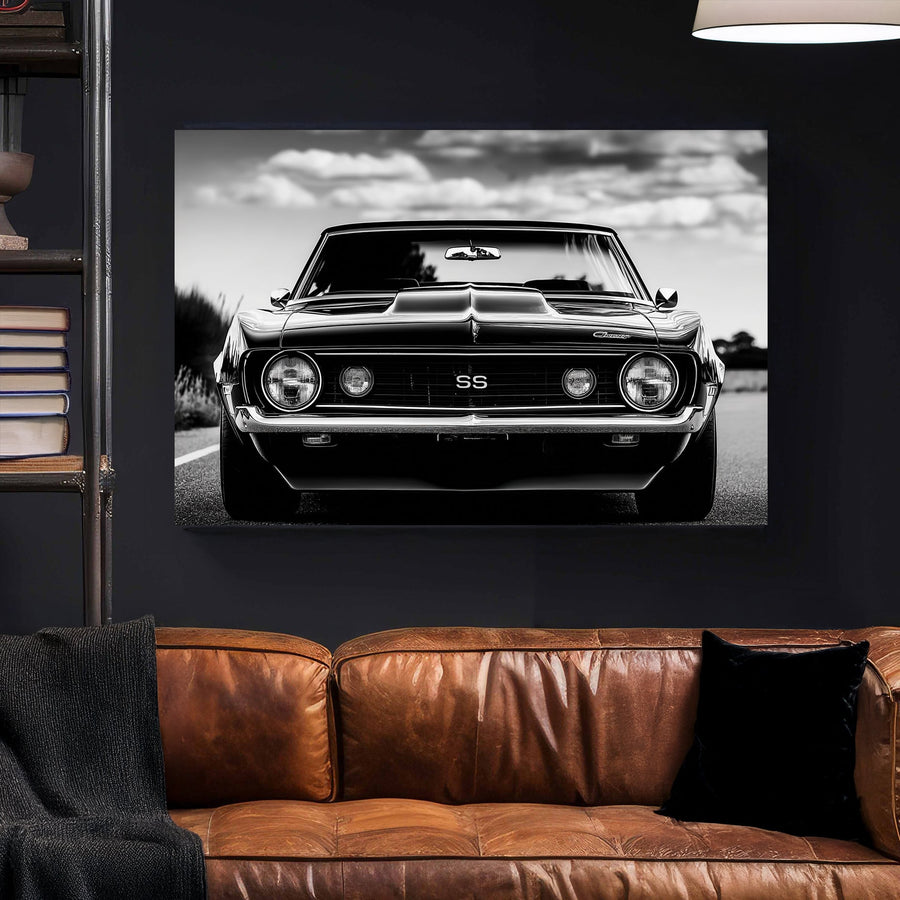 Black and white Chevelle muscle car front view wall art with SS emblem.