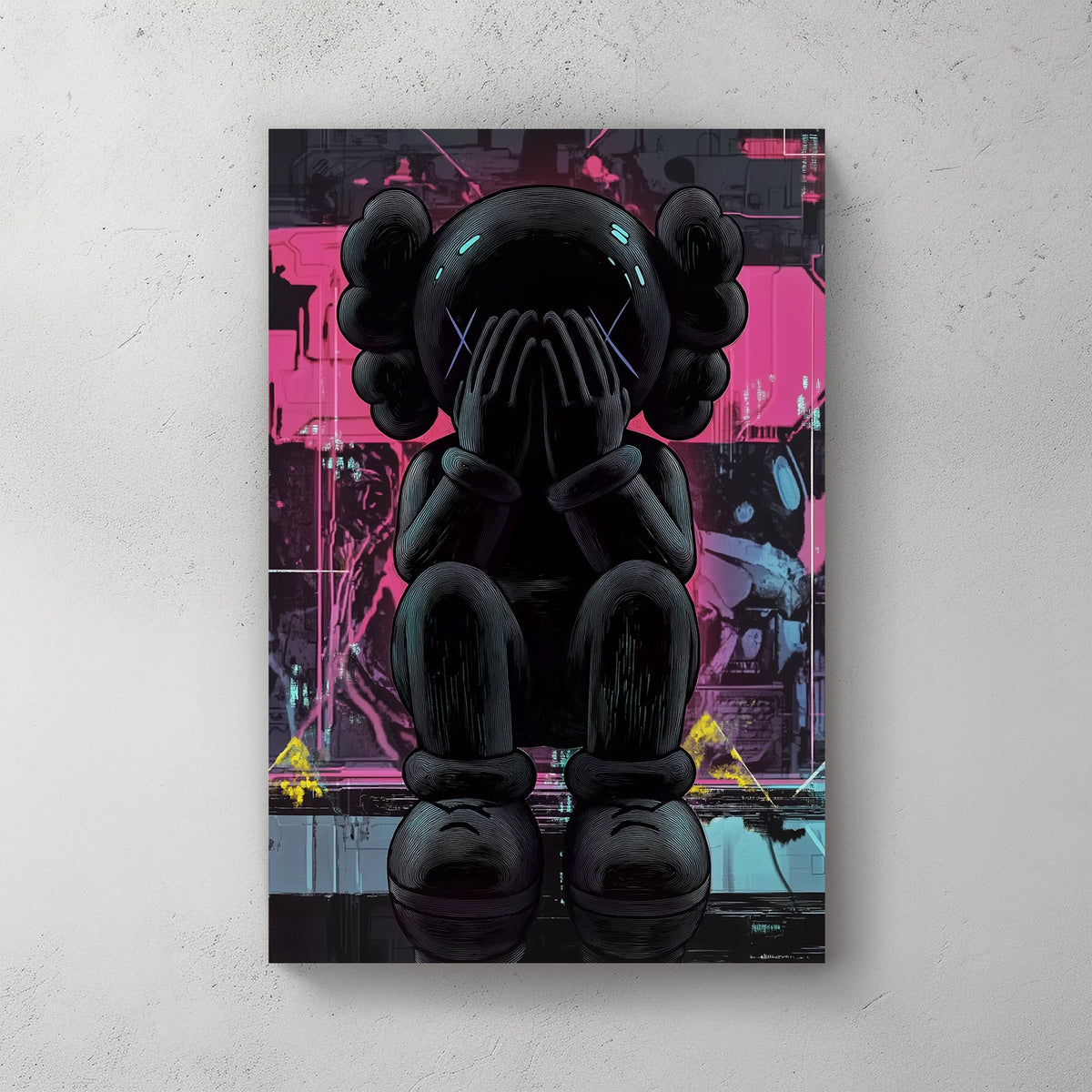 Cyberpunk-style melancholic KAWS figure wall art with neon and digital elements.