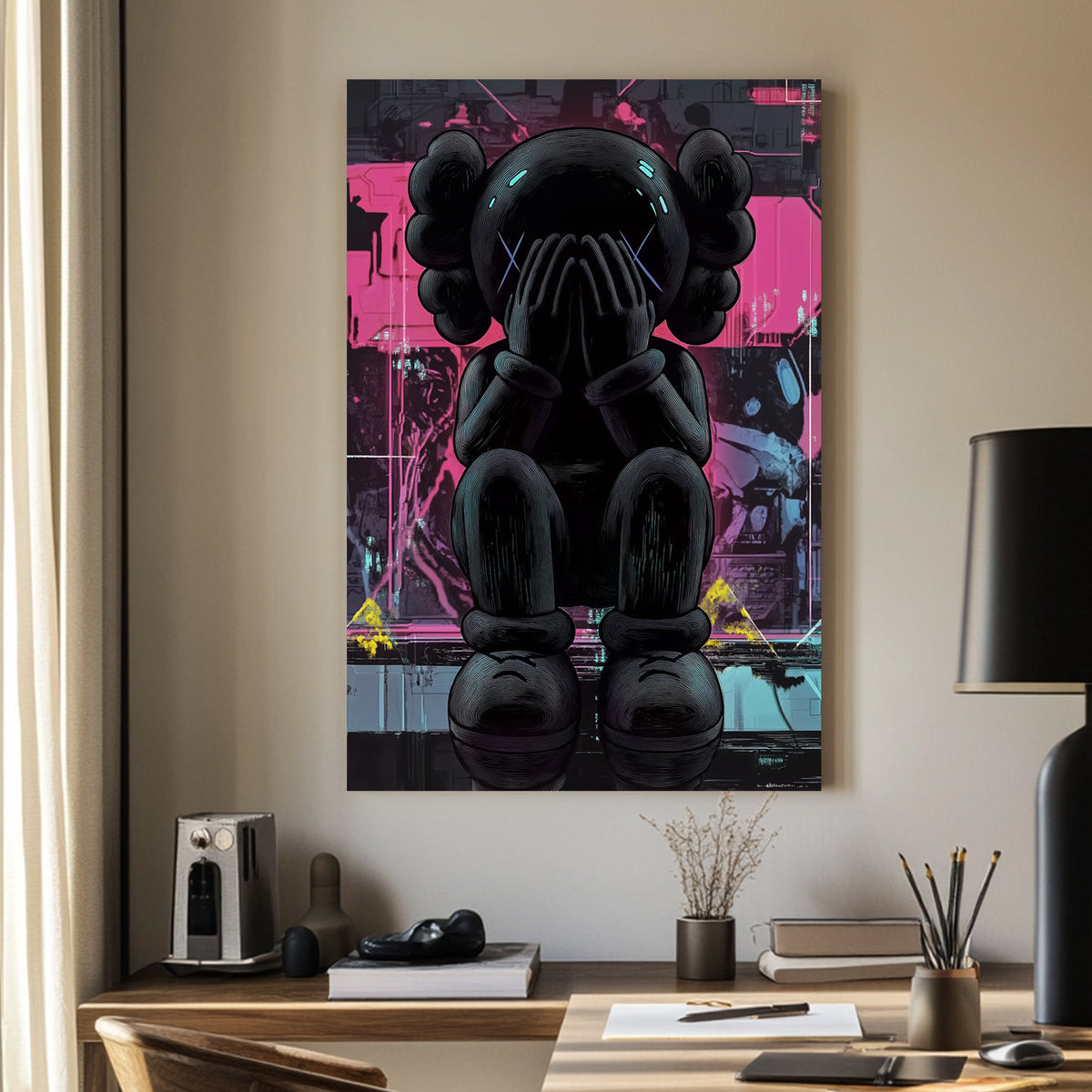 Cyberpunk-style melancholic KAWS figure wall art with neon and digital elements.