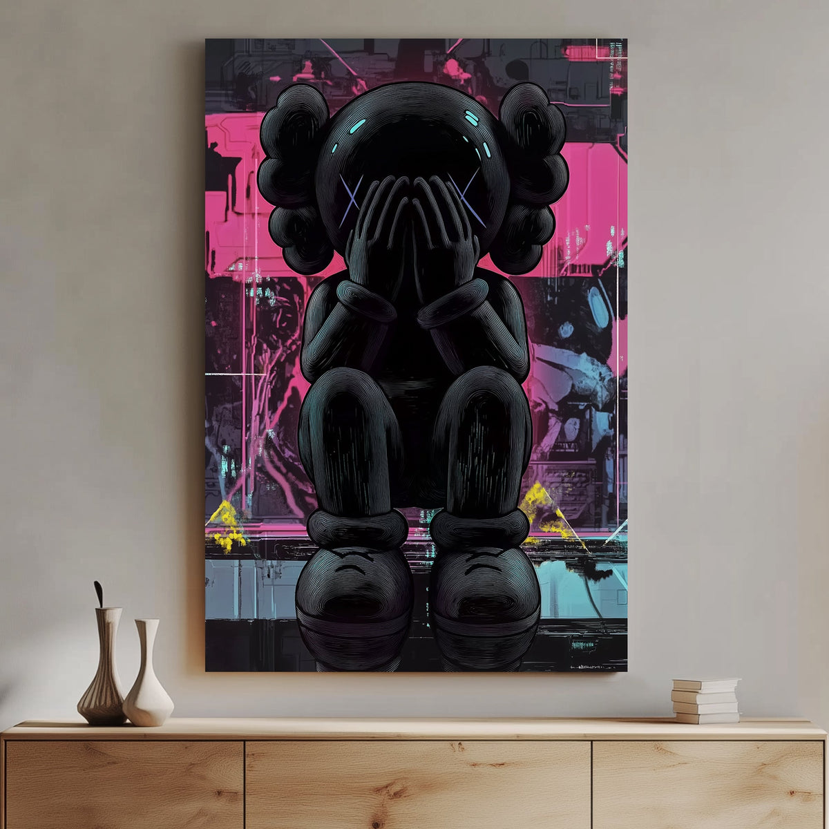 Cyberpunk-style melancholic KAWS figure wall art with neon and digital elements.