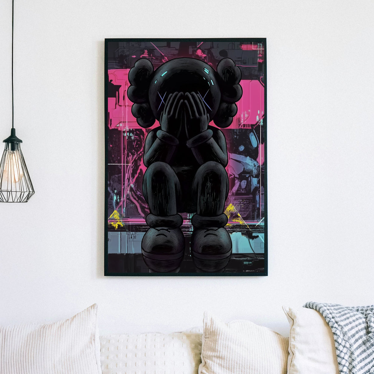 Cyberpunk-style melancholic KAWS figure wall art with neon and digital elements.