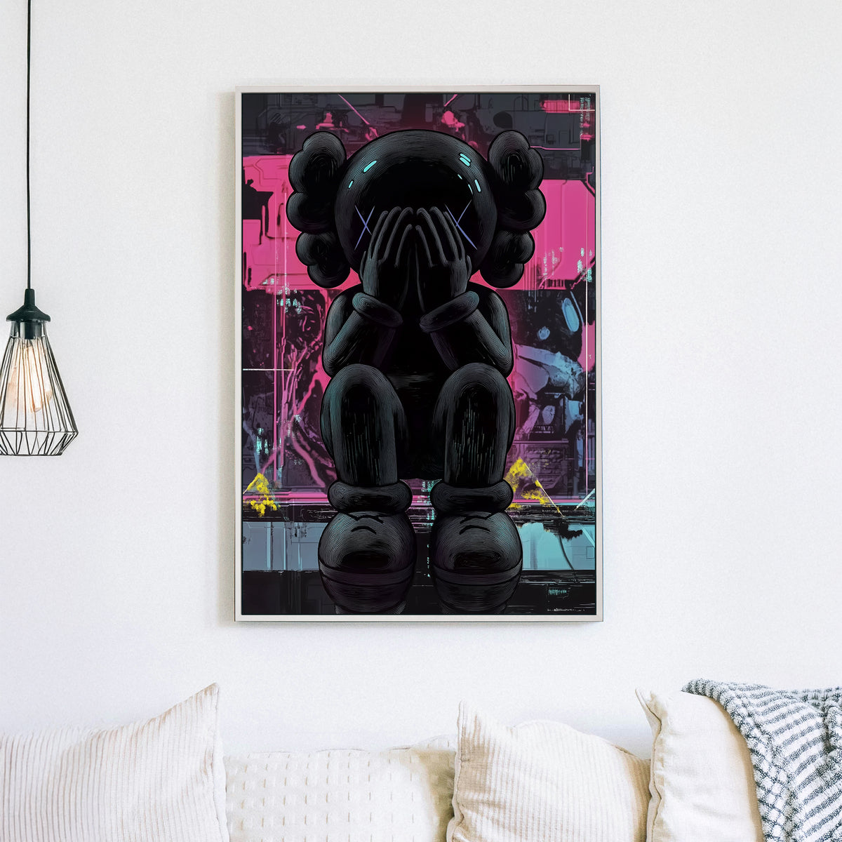 Cyberpunk-style melancholic KAWS figure wall art with neon and digital elements.