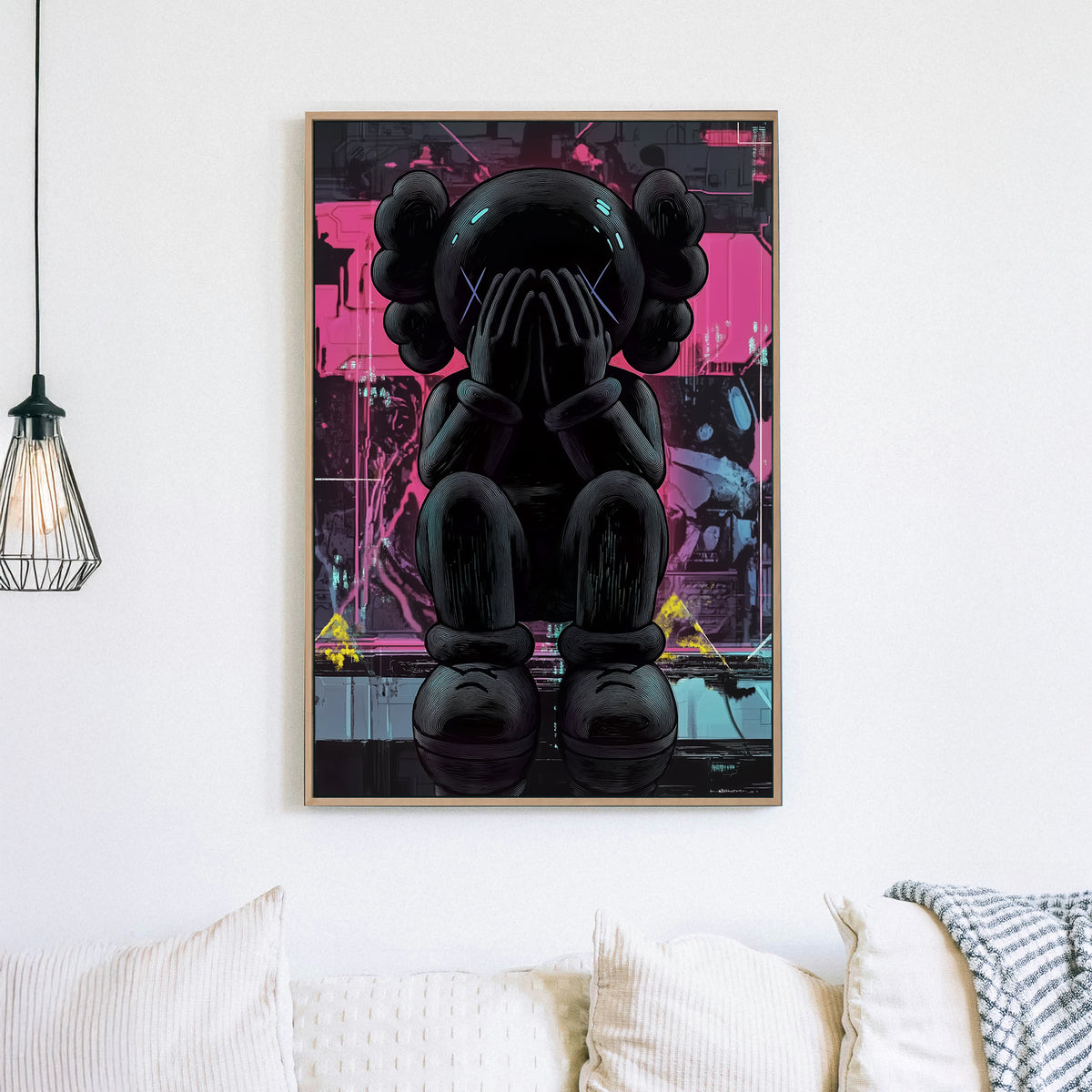 Cyberpunk-style melancholic KAWS figure wall art with neon and digital elements.