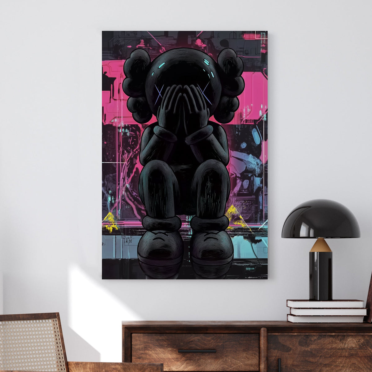 Cyberpunk-style melancholic KAWS figure wall art with neon and digital elements.