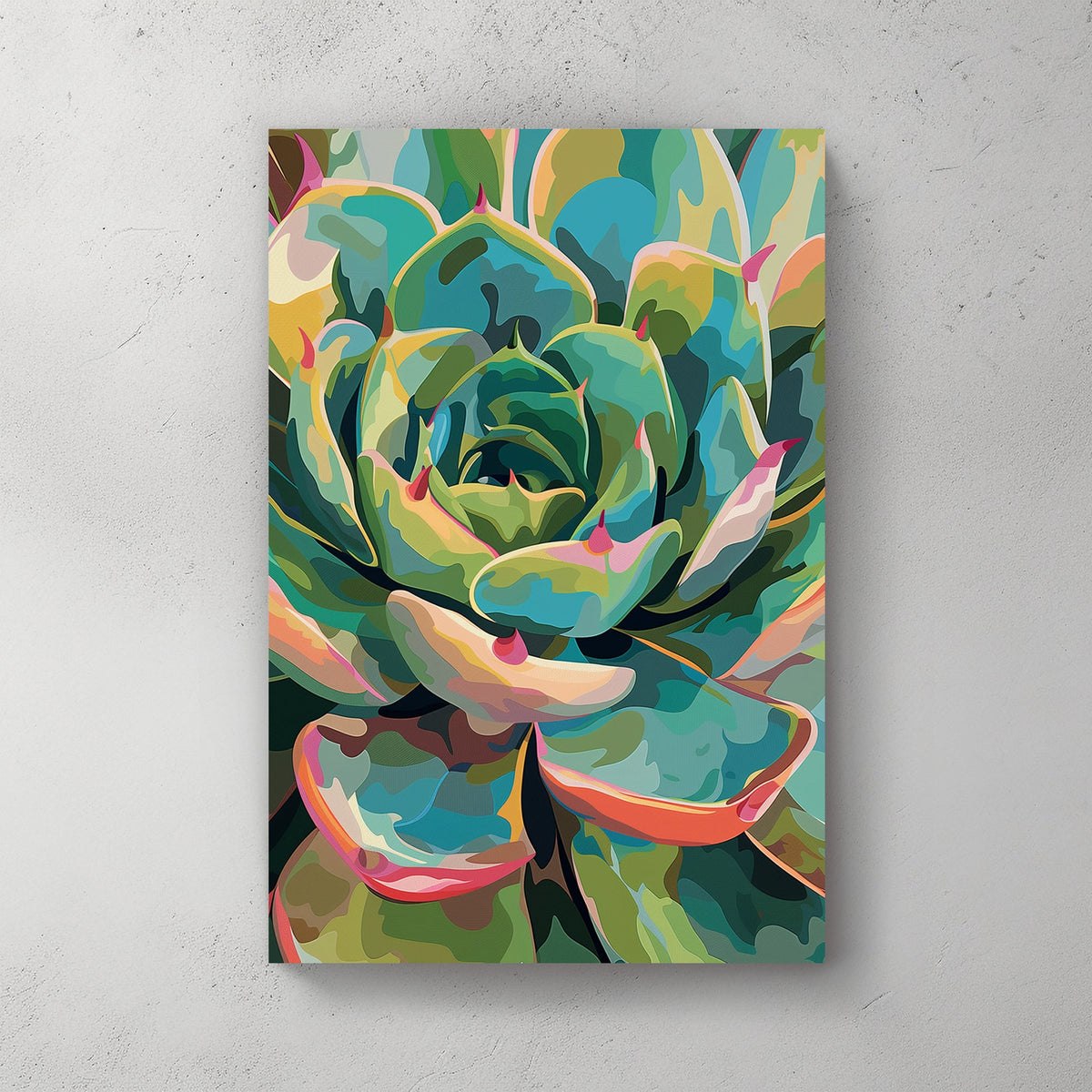 Vibrant succulent wall art with abstract colourful details.