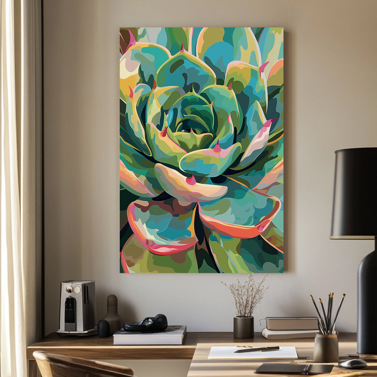 Vibrant succulent wall art with abstract colourful details.