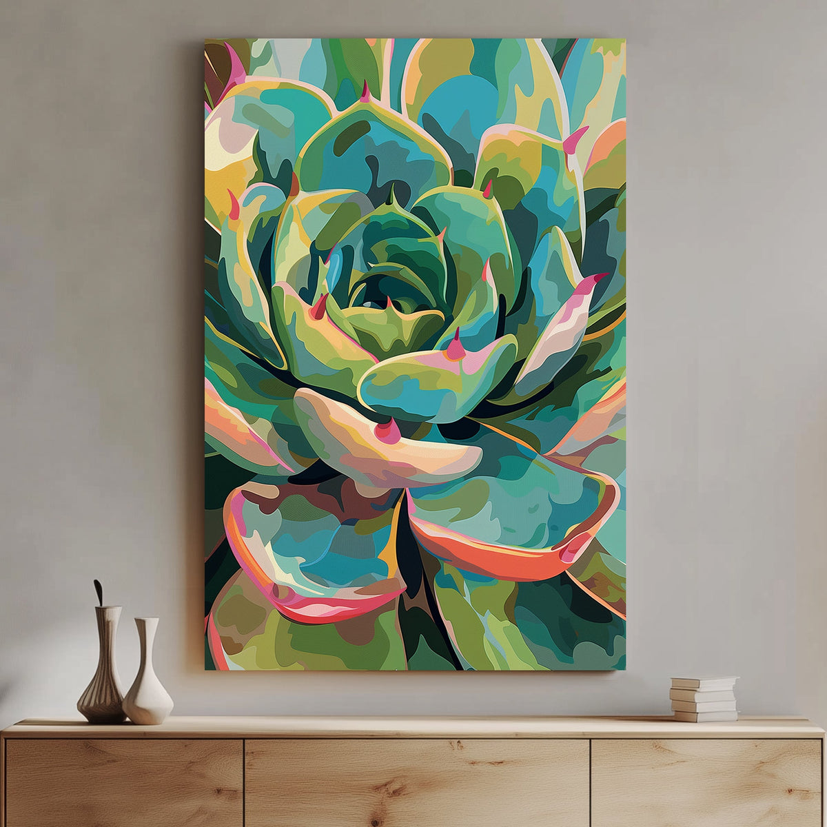 Vibrant succulent wall art with abstract colourful details.