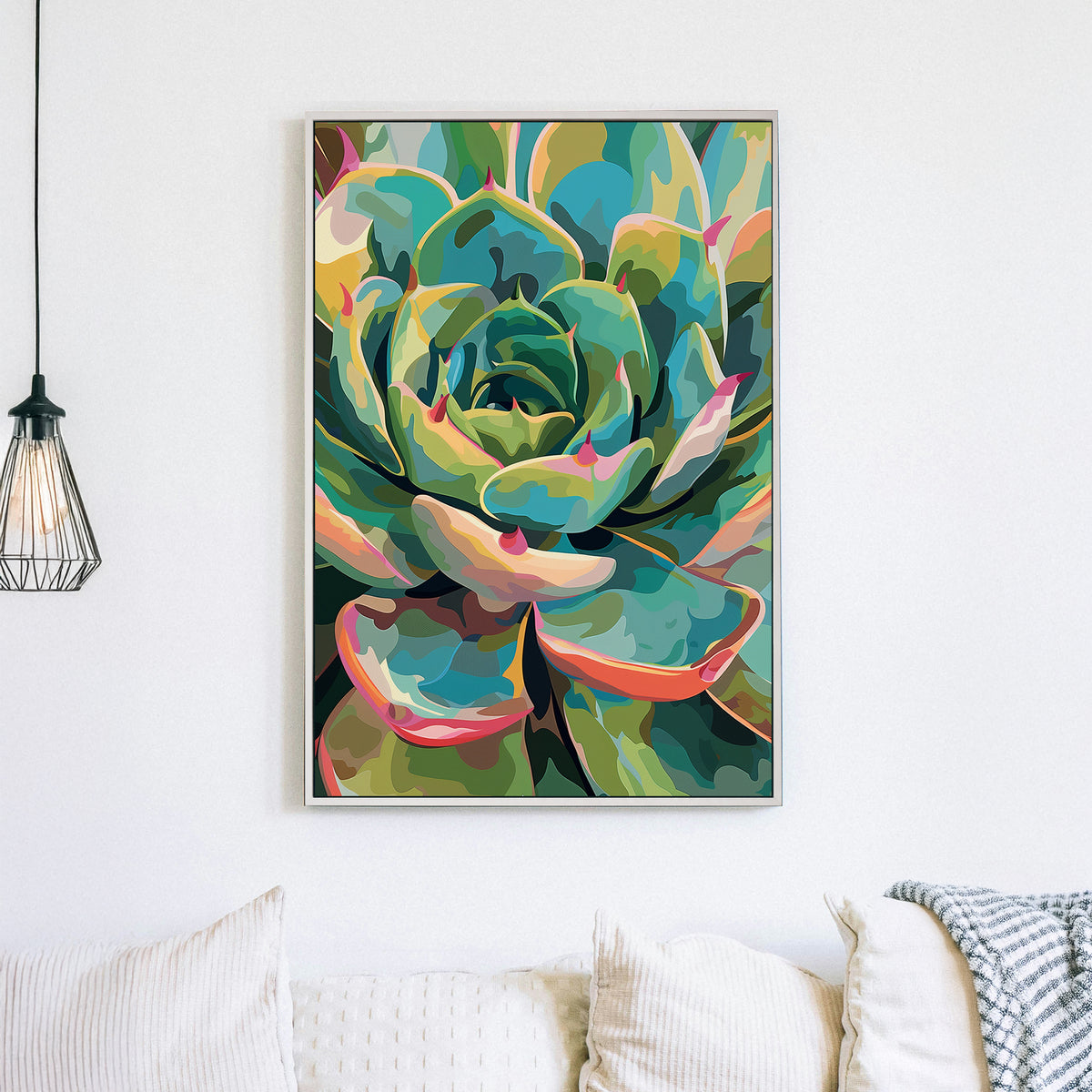 Vibrant succulent wall art with abstract colourful details.