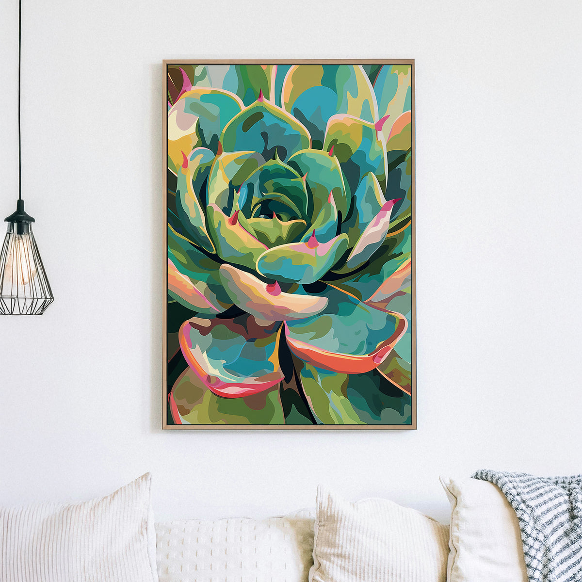 Vibrant succulent wall art with abstract colourful details.