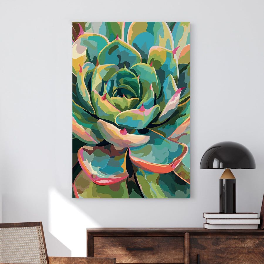 Vibrant succulent wall art with abstract colourful details.