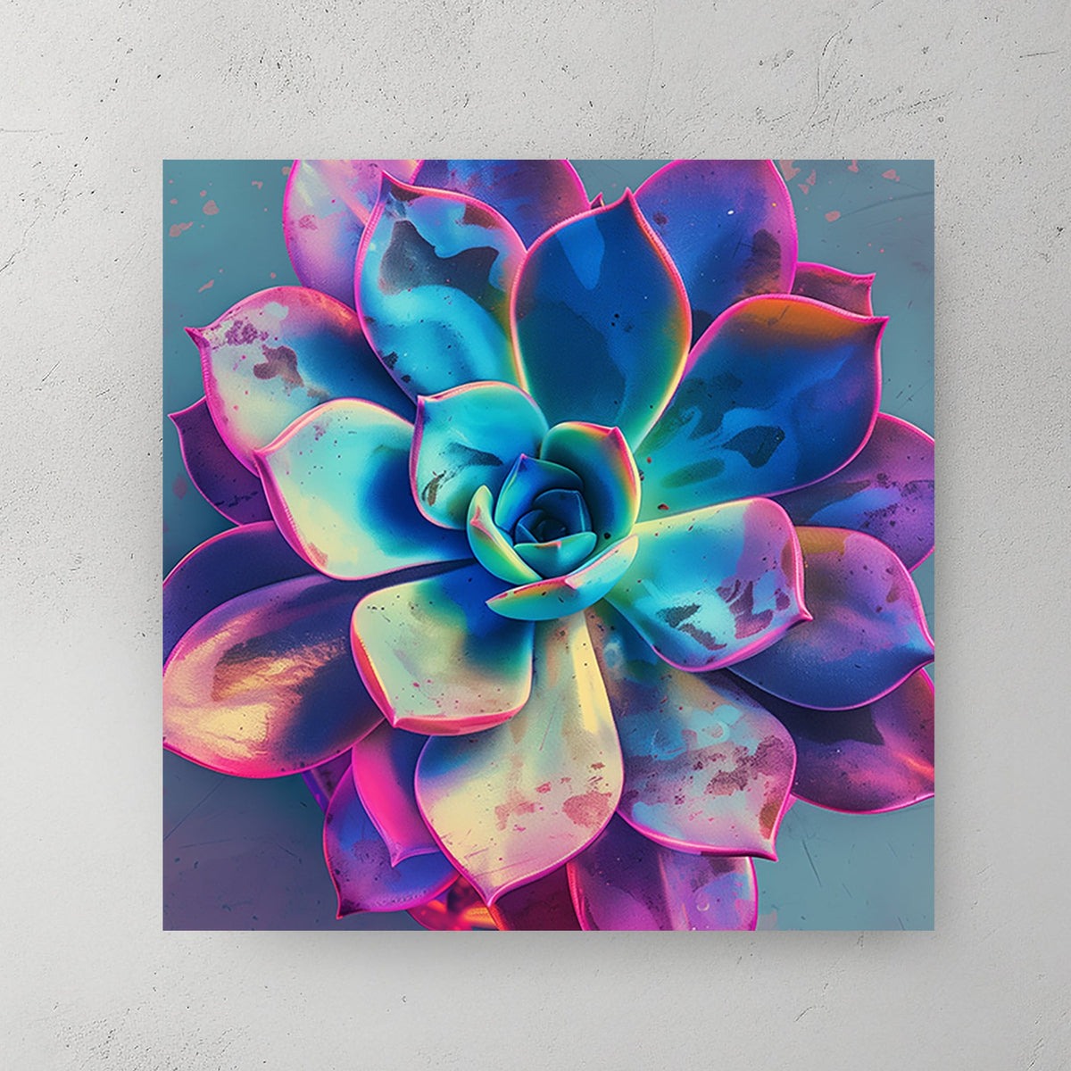 Neon succulent wall art with glowing blue, pink, and purple hues.