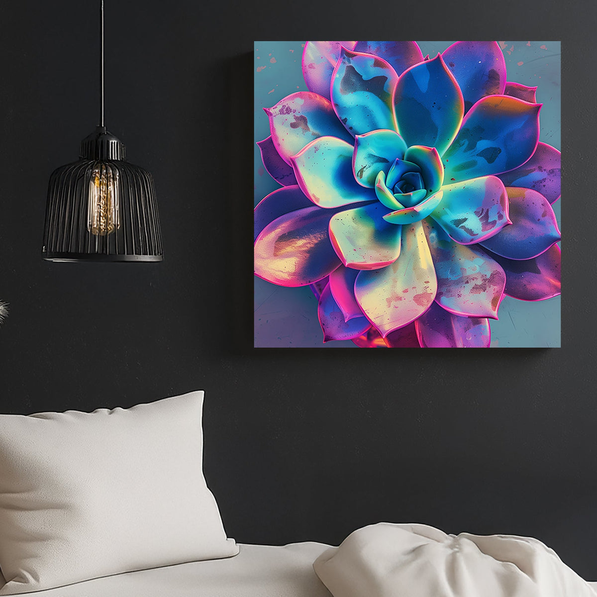 Neon succulent wall art with glowing blue, pink, and purple hues.