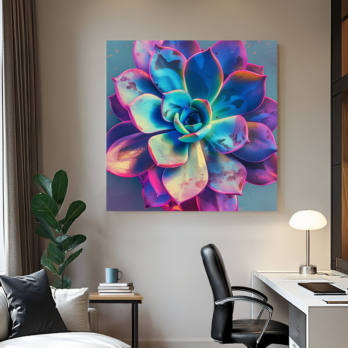 Neon succulent wall art with glowing blue, pink, and purple hues.