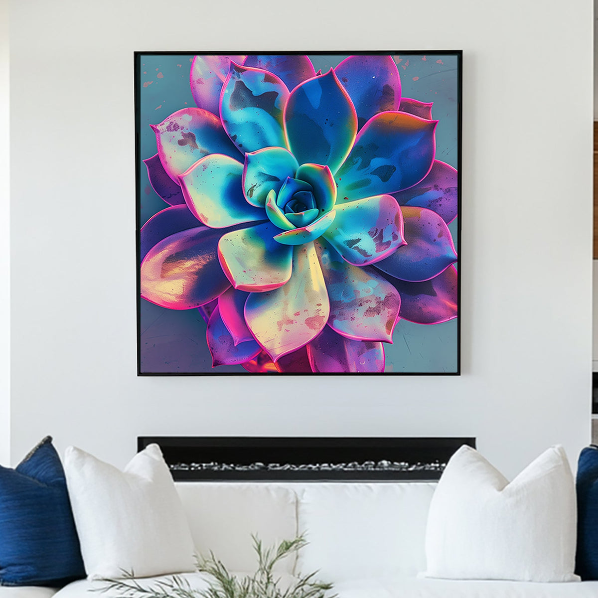 Neon succulent wall art with glowing blue, pink, and purple hues.
