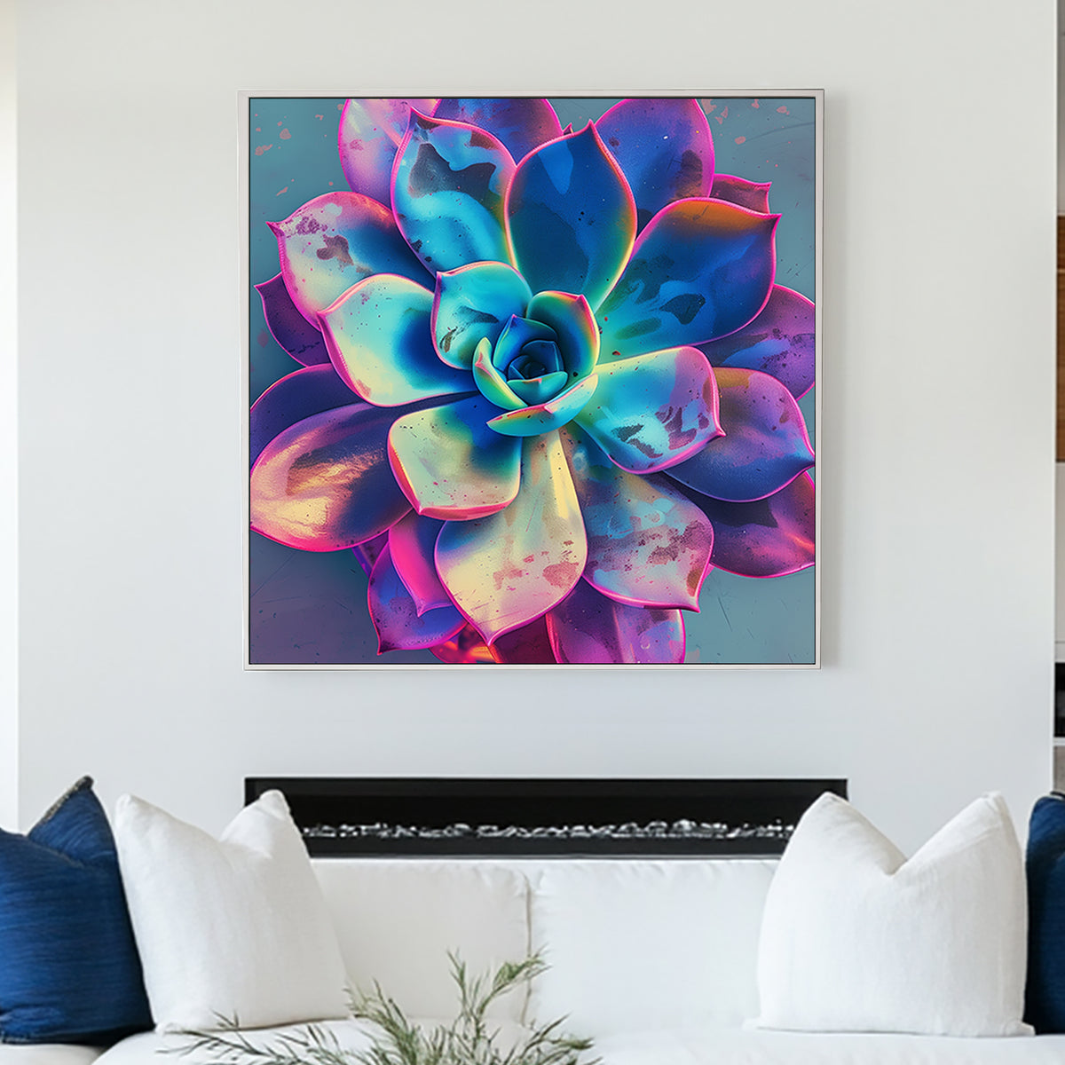 Neon succulent wall art with glowing blue, pink, and purple hues.