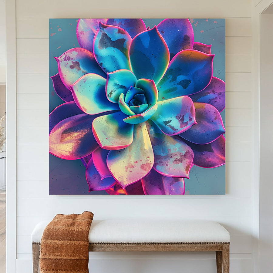 Neon succulent wall art with glowing blue, pink, and purple hues.