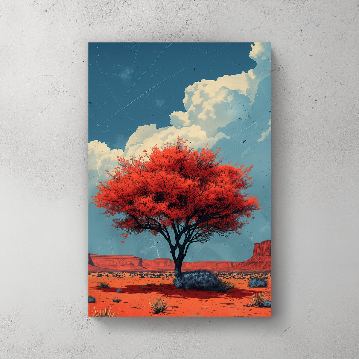 Lone crimson tree in a desert landscape wall art, bold blue sky and rugged canyon backdrop.