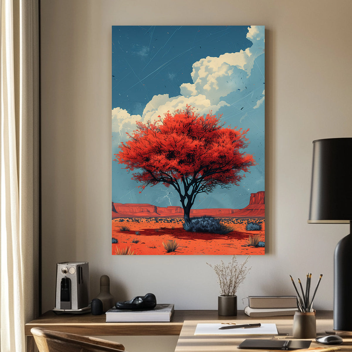 Lone crimson tree in a desert landscape wall art, bold blue sky and rugged canyon backdrop.