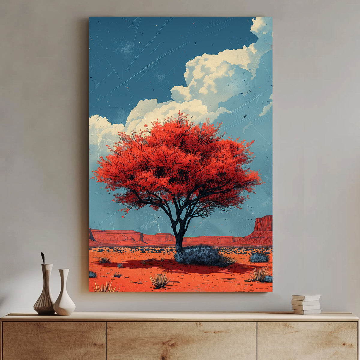 Lone crimson tree in a desert landscape wall art, bold blue sky and rugged canyon backdrop.