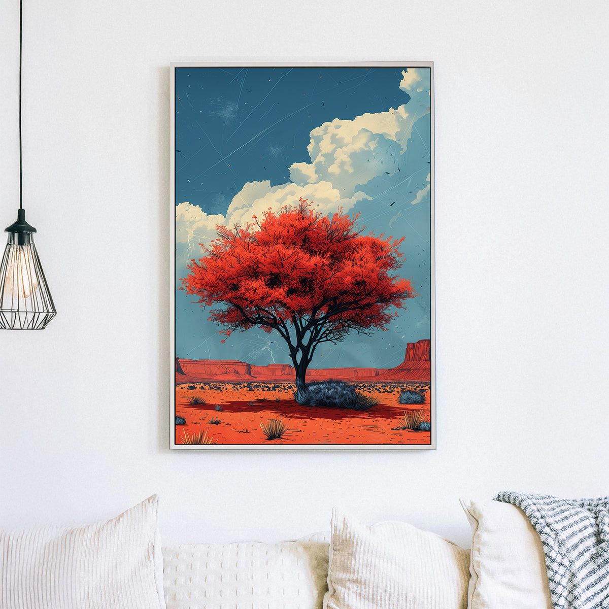 Lone crimson tree in a desert landscape wall art, bold blue sky and rugged canyon backdrop.