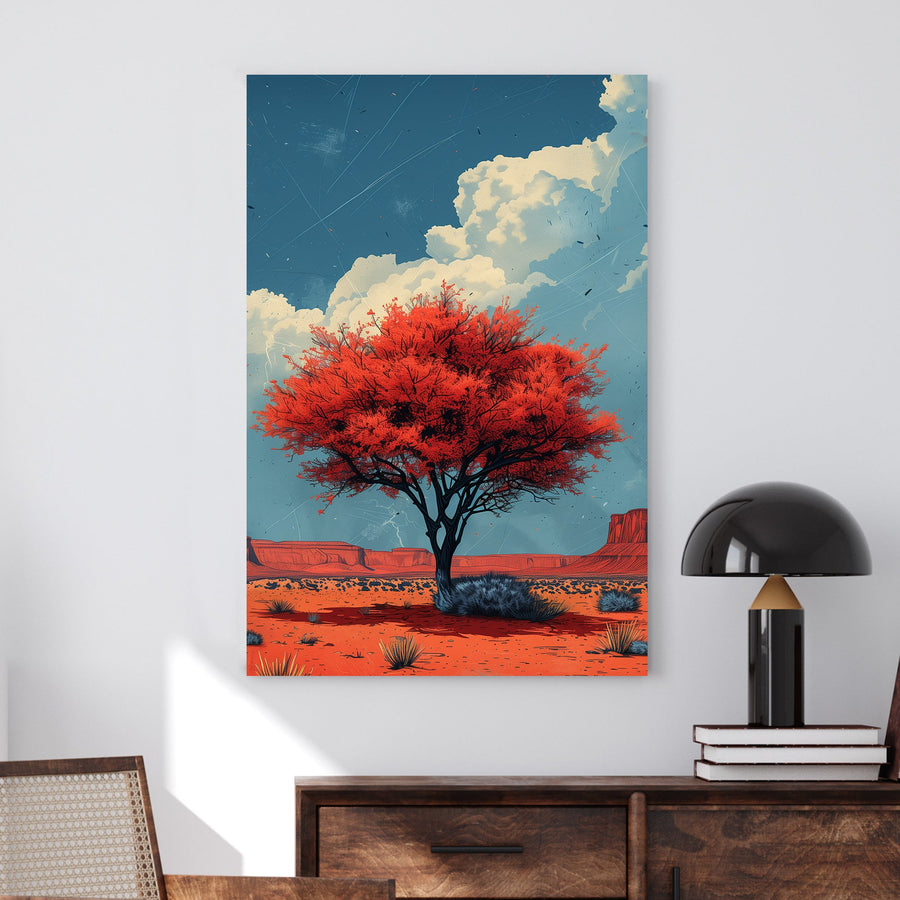 Lone crimson tree in a desert landscape wall art, bold blue sky and rugged canyon backdrop.