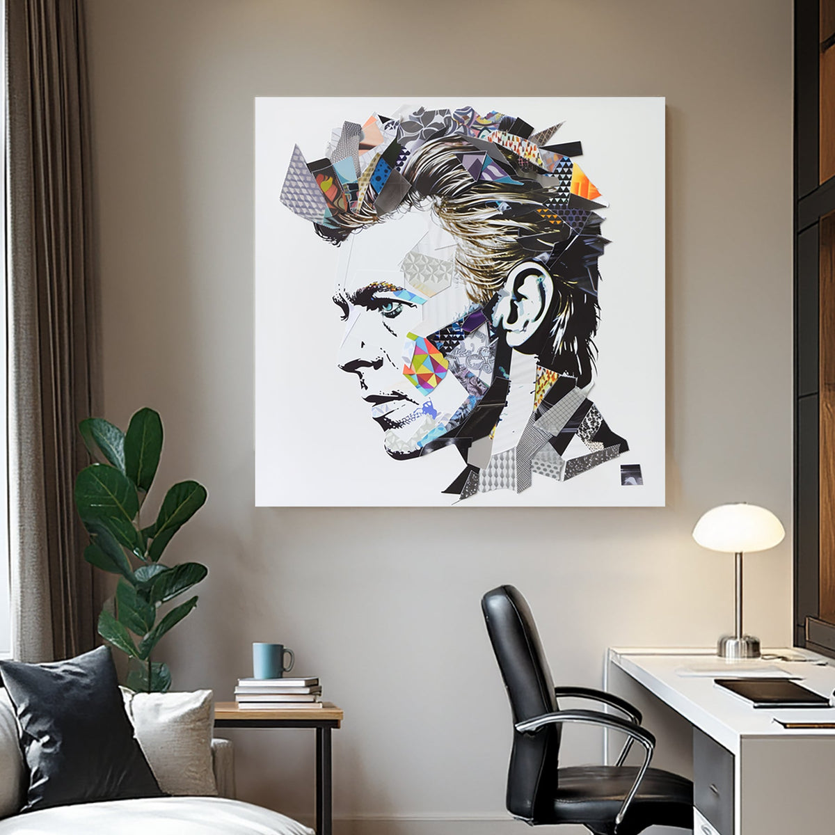 Abstract collage portrait wall art of David Bowie with geometric textures and vibrant accents.