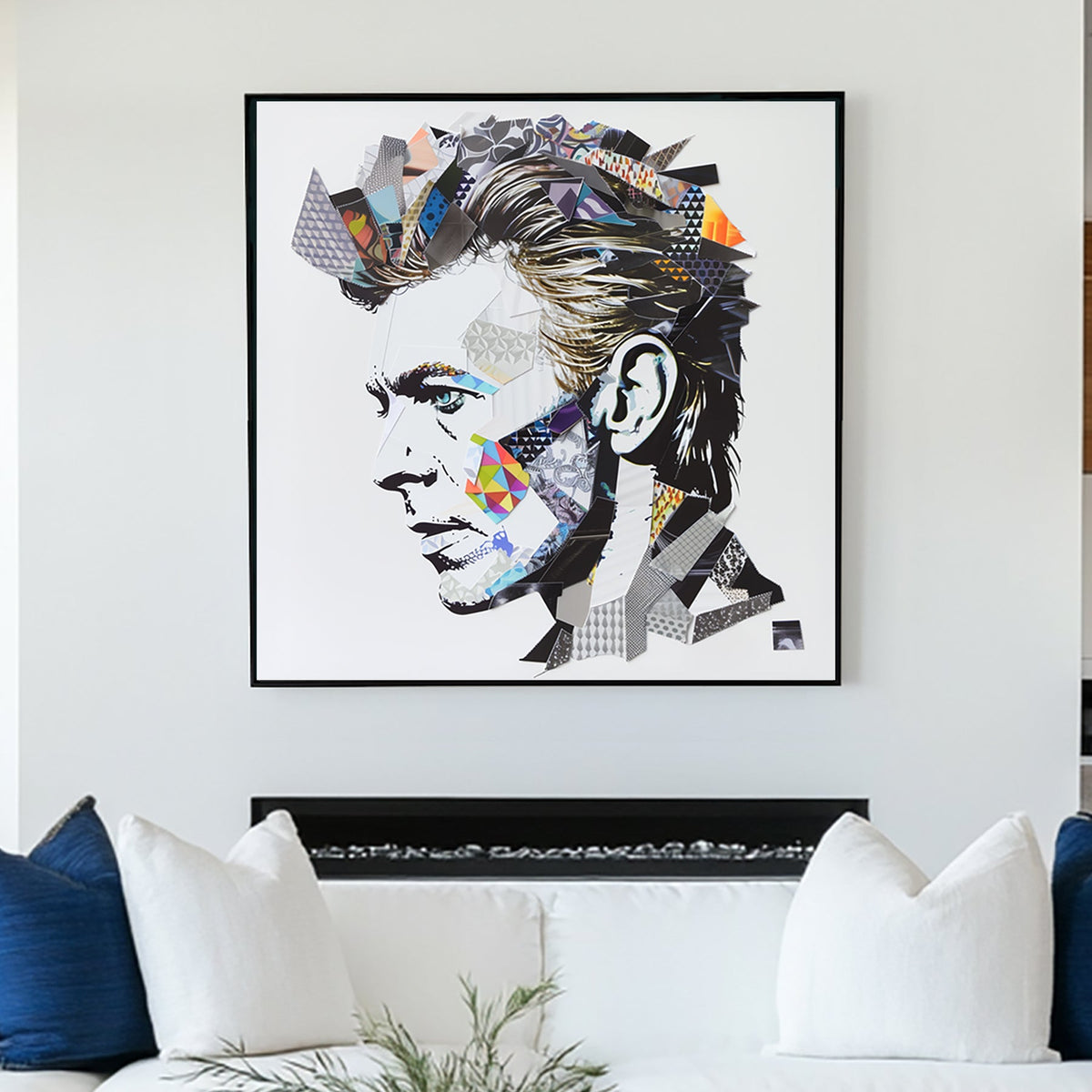 Abstract collage portrait wall art of David Bowie with geometric textures and vibrant accents.