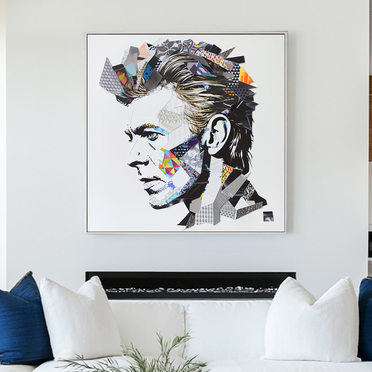 Abstract collage portrait wall art of David Bowie with geometric textures and vibrant accents.