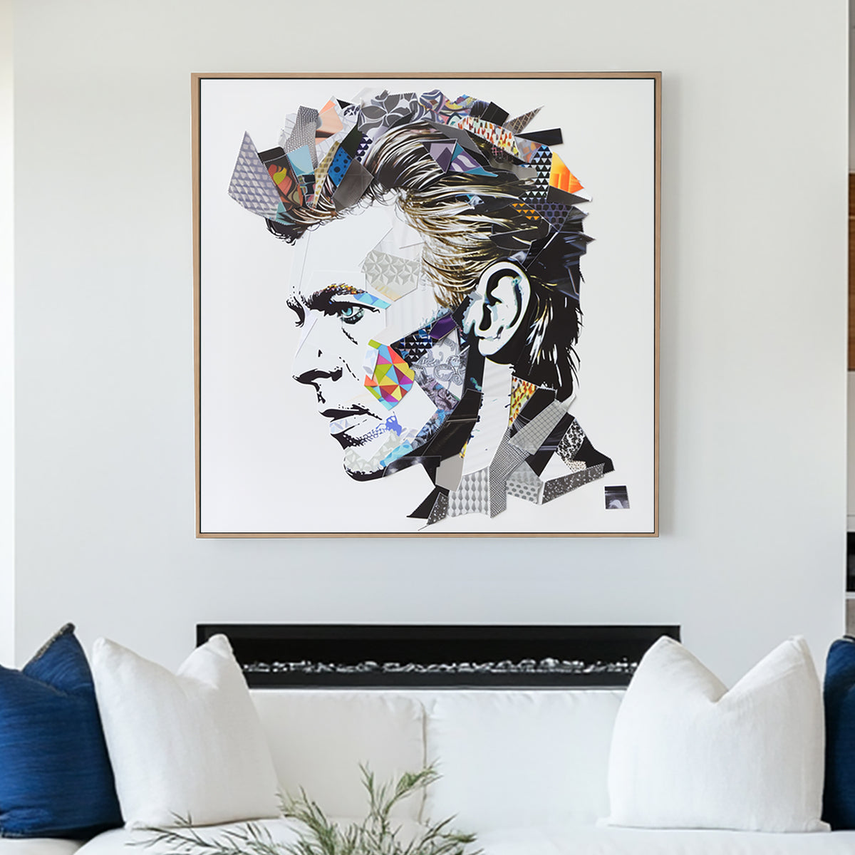 Abstract collage portrait wall art of David Bowie with geometric textures and vibrant accents.