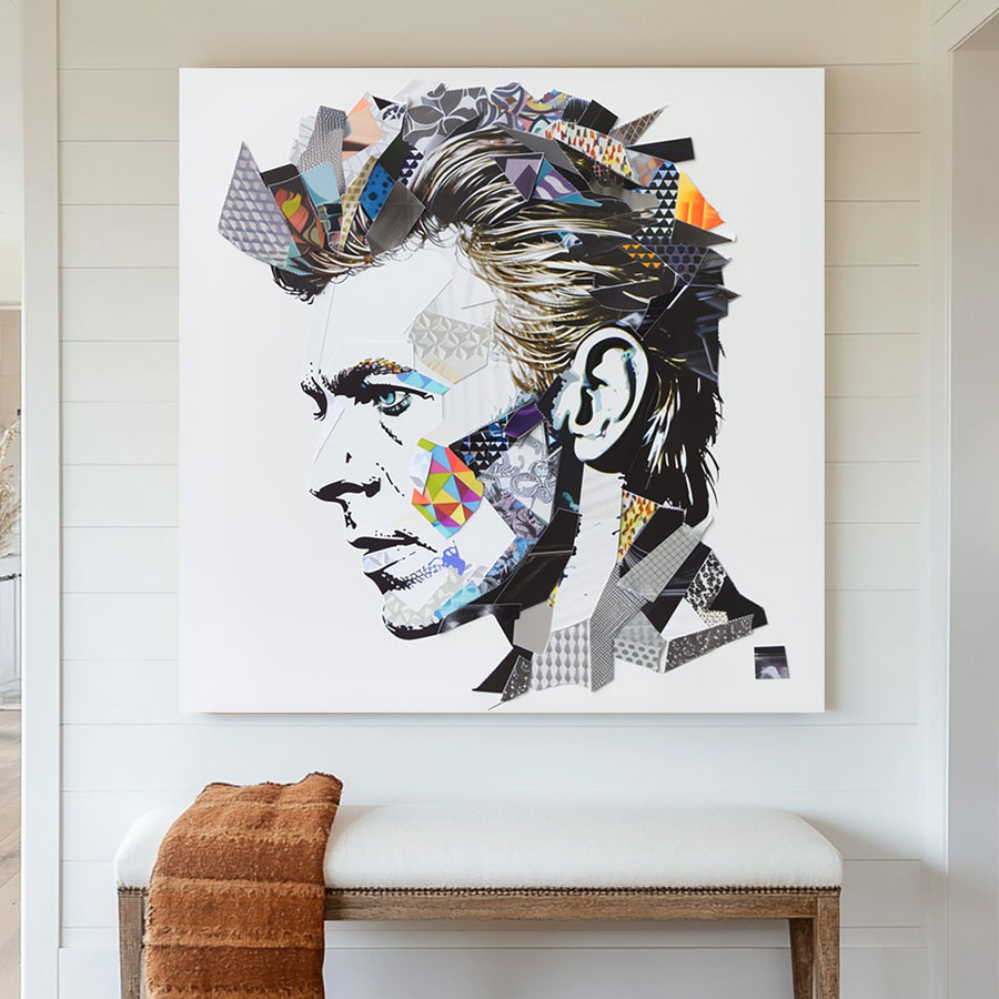 Abstract collage portrait wall art of David Bowie with geometric textures and vibrant accents.