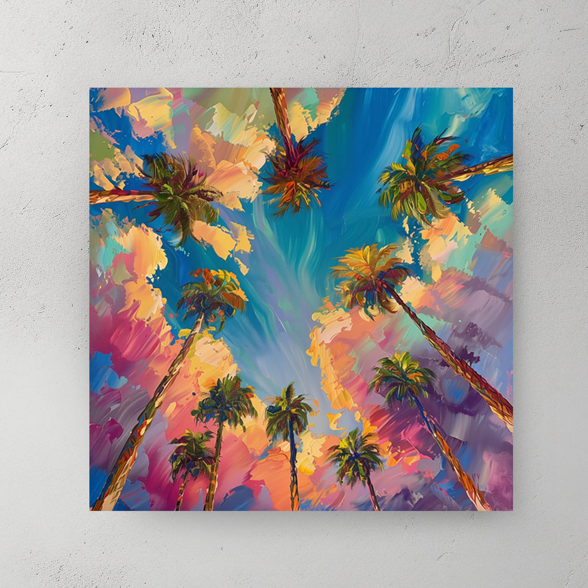 Vibrant sunset palm trees wall art with abstract brushstrokes and bold colours.