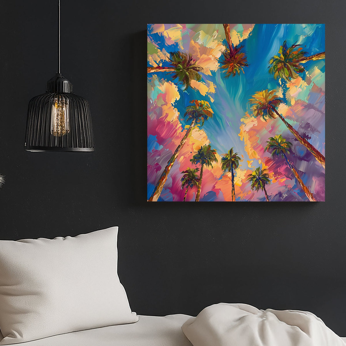Vibrant sunset palm trees wall art with abstract brushstrokes and bold colours.