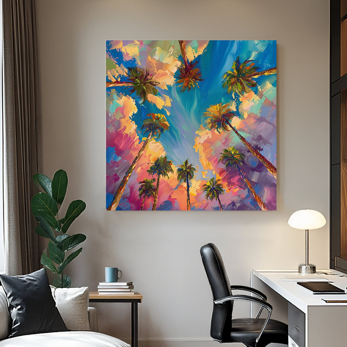 Vibrant sunset palm trees wall art with abstract brushstrokes and bold colours.
