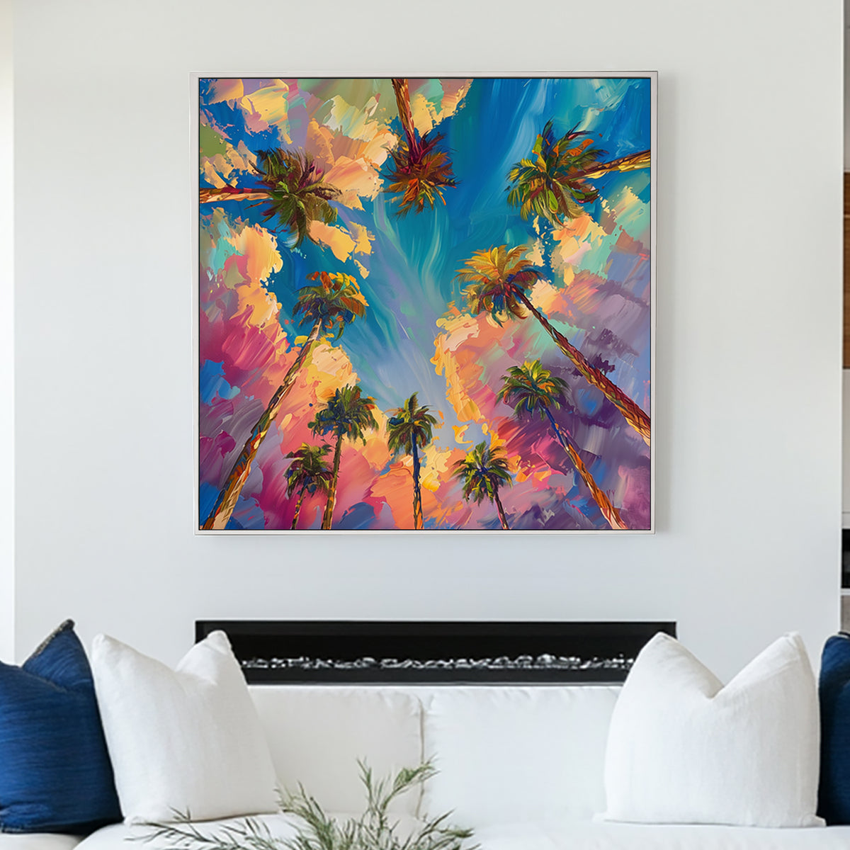 Vibrant sunset palm trees wall art with abstract brushstrokes and bold colours.