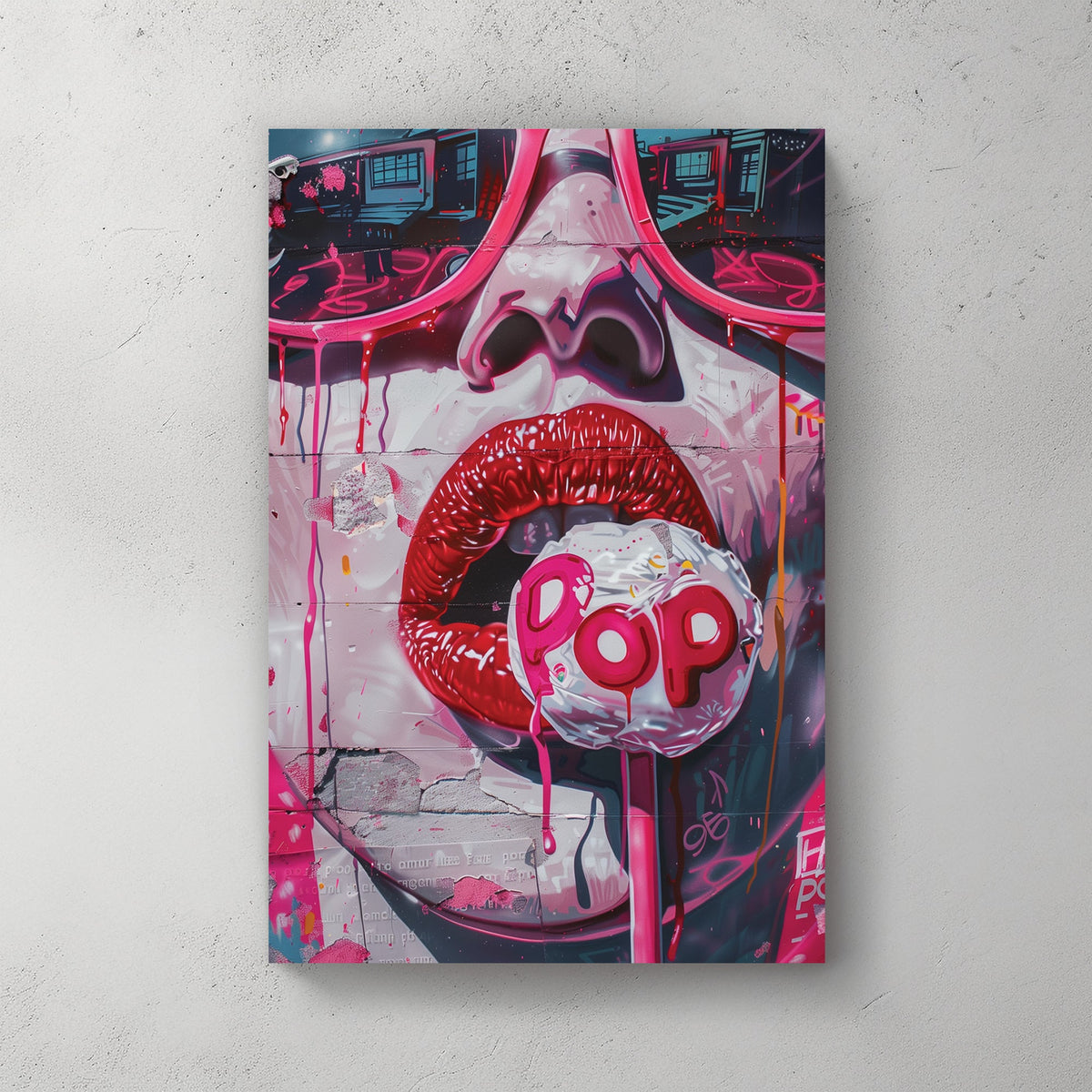 Graffiti-style wall art featuring glossy red lips, a dripping lollipop, and vibrant pink urban textures.