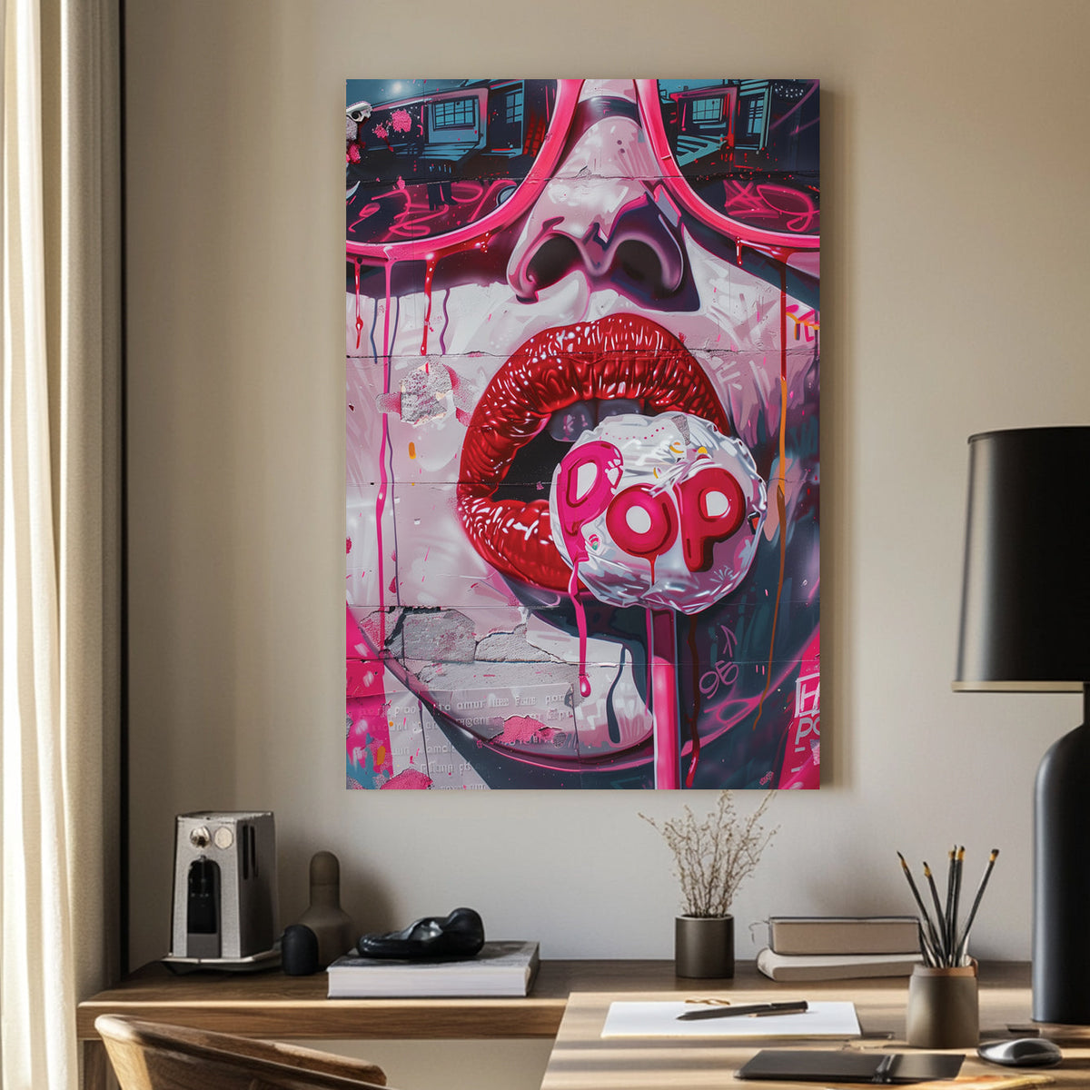 Graffiti-style wall art featuring glossy red lips, a dripping lollipop, and vibrant pink urban textures.